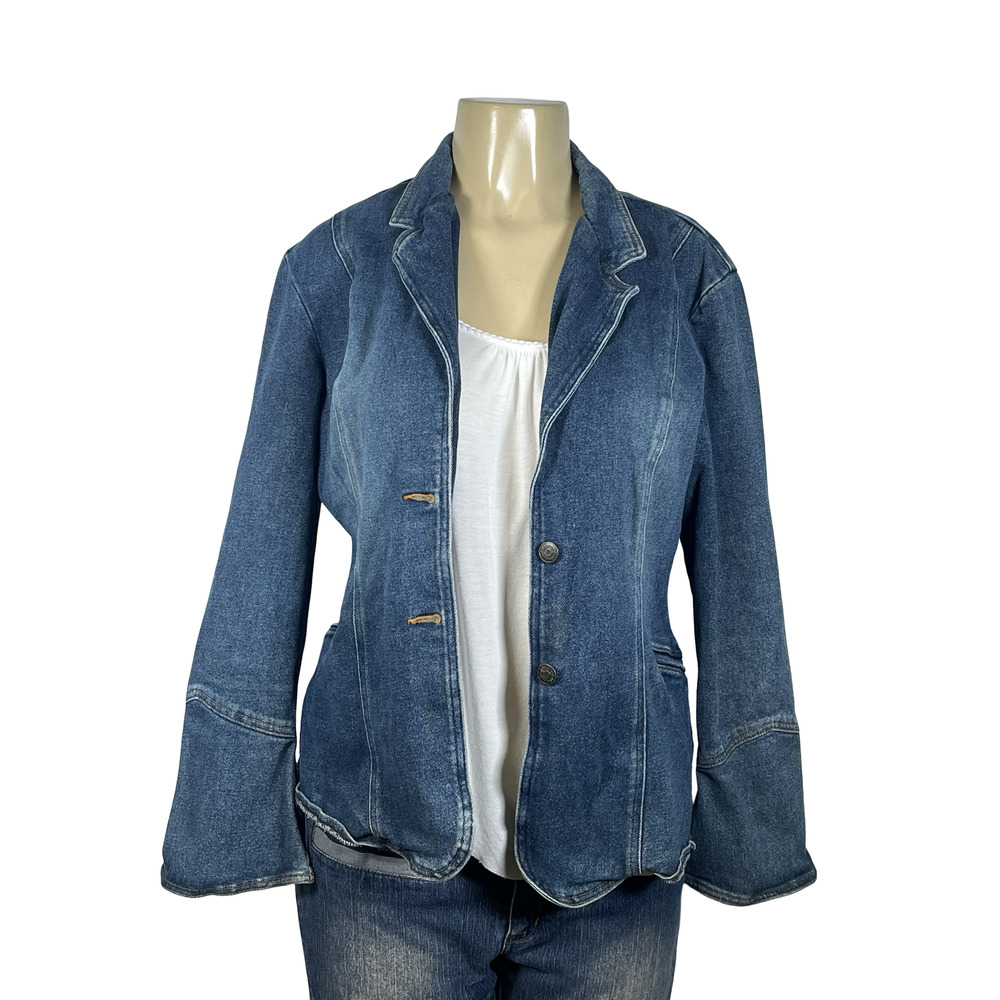 Newport News Jeanology‎ Blazer Womens 6 Blue Denim Notch Lapel Back Vent Stretch